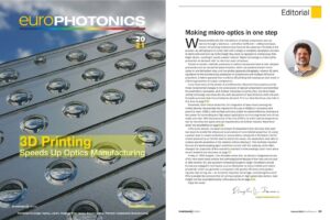 Image with cover of EuroPhotonics Autumn 2021 edition introducing 3D printing of optics